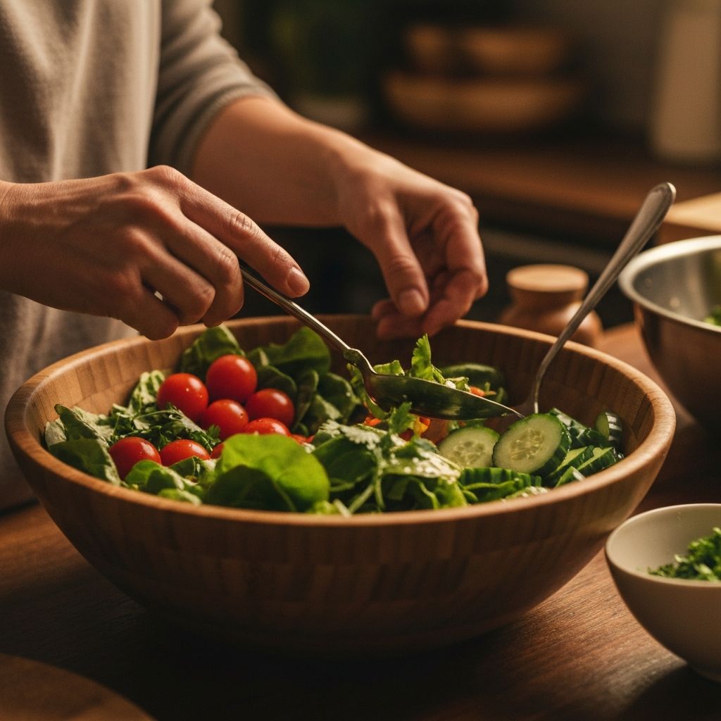 Hands gently preparing a fresh colorful salad in a wooden bowl with leafy greens, tomatoes, and herbs