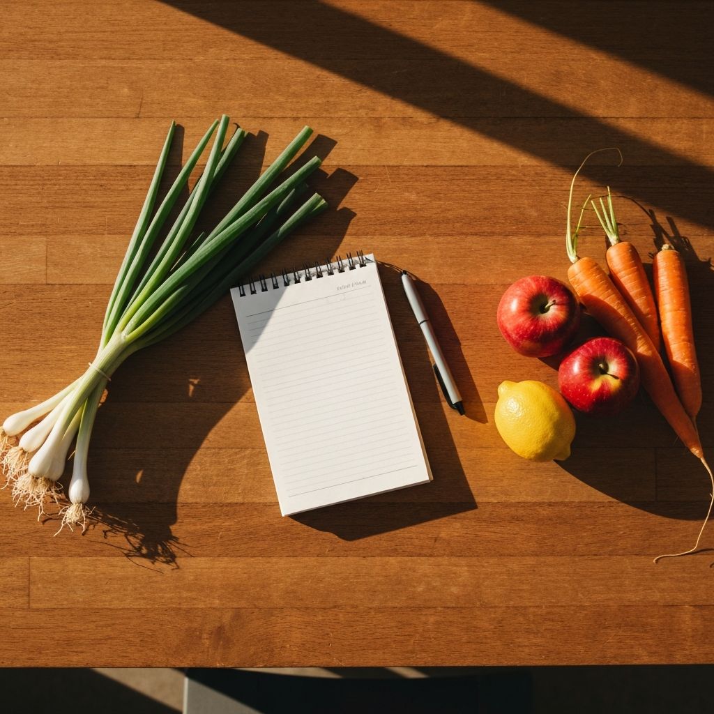 An overhead view of a wooden table with a notepad, fresh vegetables, fruits, and a pen for food planning