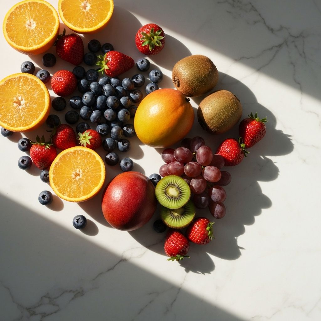 An overhead composition of fresh colorful fruits including berries, citrus, and tropical varieties